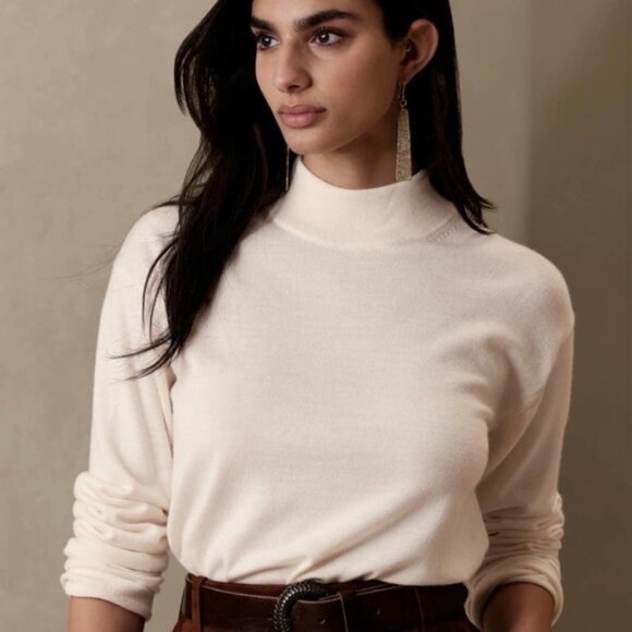 Banana Republic Ivory Adoro Merino Wool Mockneck Sweater Size Small Petite - Picture 1 of 11